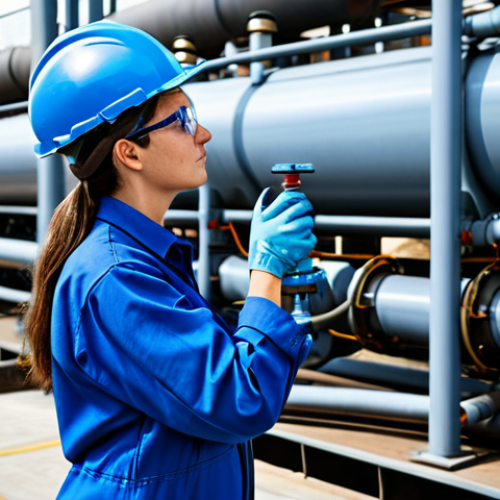 Home 9 **
"A professional female engineer in a fully clothed, modest blue jumpsuit, inspecting a gas pipeline valve in a bright, industrial setting, wearing safety glasses, appropriate attire, safe for work, perfect anatomy, correct proportions, professional photography, high quality, natural pose."
**