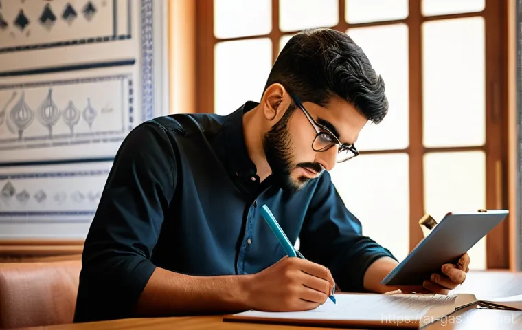 가스 자격증 필기와 실기 동시에 준비하는 방법 - **A Young Aspiring Engineer Focused on Theory:**
    A young Arab man, in his late 20s, with a thoug...