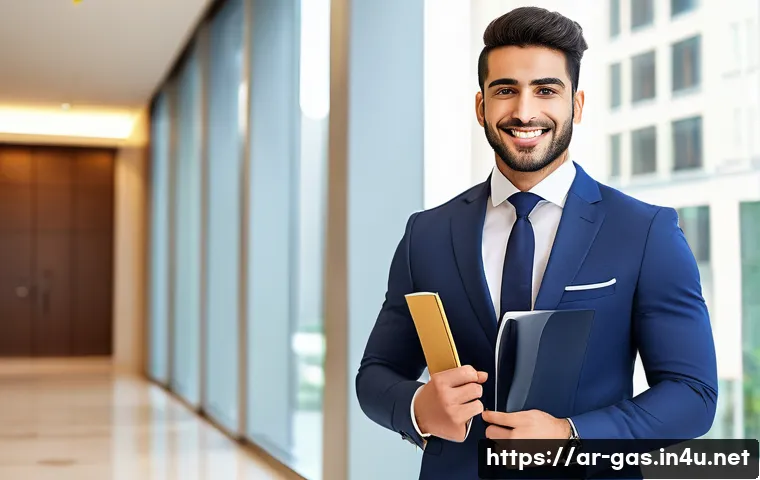 가스 자격증으로 대기업 취업 성공 사례 - A professional full-body portrait of a confident and ambitious young Arab man in his late 20s, with ...