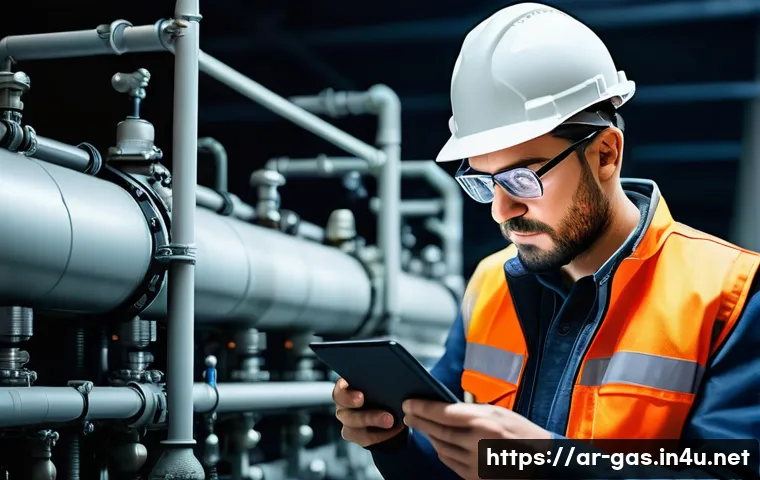 가스 자격증 소지자의 실무 용어 정리 - **Prompt 1: Focused Inspection**
    "A highly detailed, photorealistic image of a skilled gas techn...