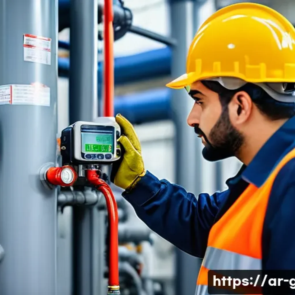 가스 안전관리자 실무 경험담 - A professional Middle Eastern gas safety technician wearing protective workwear and gloves, inspecti...