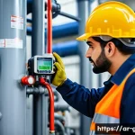 가스 안전관리자 실무 경험담 - A professional Middle Eastern gas safety technician wearing protective workwear and gloves, inspecti...