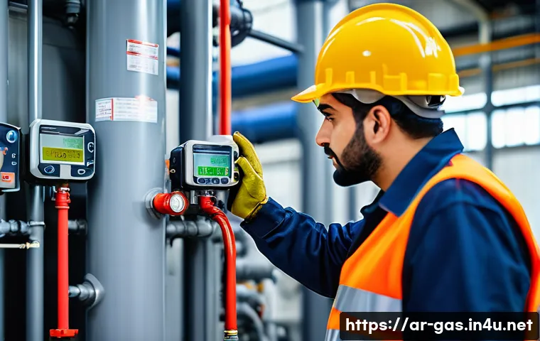 가스 안전관리자 실무 경험담 - A professional Middle Eastern gas safety technician wearing protective workwear and gloves, inspecti...