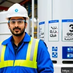 가스 자격증 실무용 계산법 - A detailed educational scene showing an Arab male gas engineer in his late 30s wearing professional ...