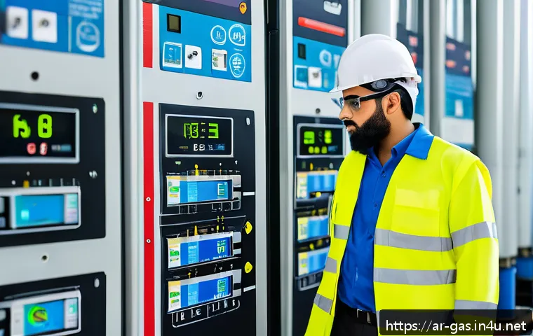 가스 자격증으로 산업 변화 대응하기 - A professional Middle Eastern male gas technician in a modern industrial gas facility, wearing a ful...