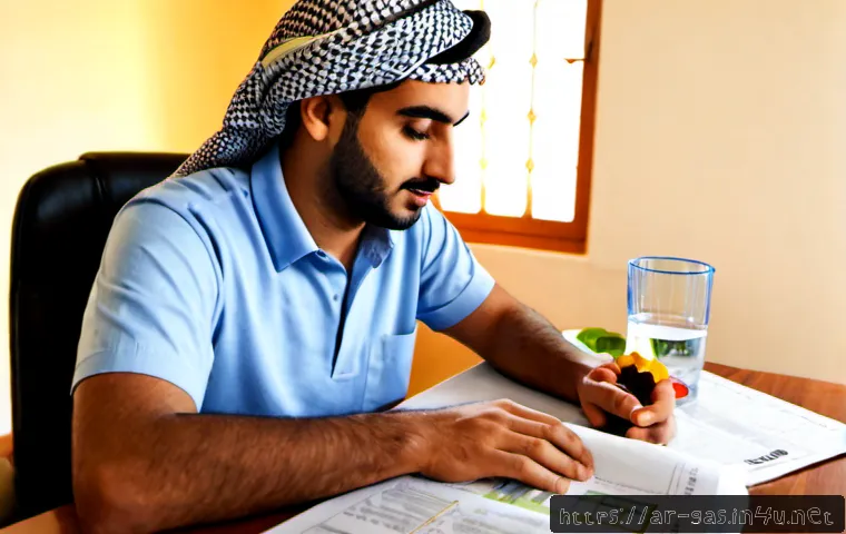 Home 13 가스 자격증 수험생의 필수 건강 관리법 - Photorealistic wellness study scene for an Arab gas certification exam candidate, adult Middle Easte...