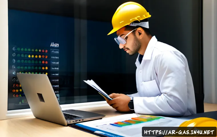 가스 자격증 합격률 통계 분석 - Photorealistic Arab engineering student in clean professional workwear reviewing a gas safety certif...