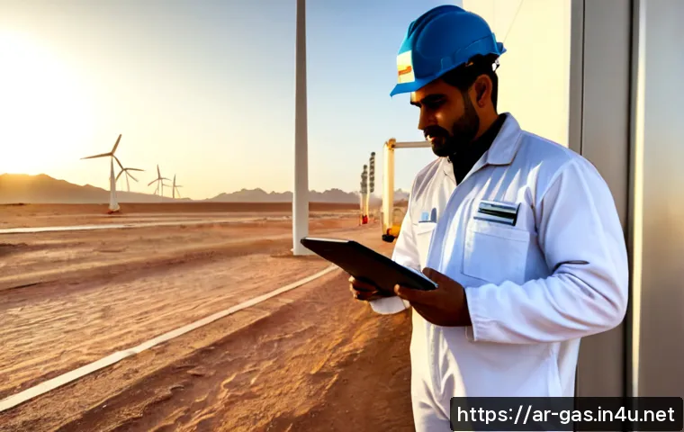 가스 자격증으로 탄소중립 시대 준비하기 - Photorealistic Middle Eastern gas safety technician in clean protective coveralls and helmet inspect...